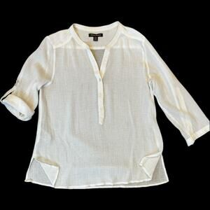 EUC Women’s Tommy Bahama White Cotton Gauzy Top Roll Tab Sleeve Shirt Size Large